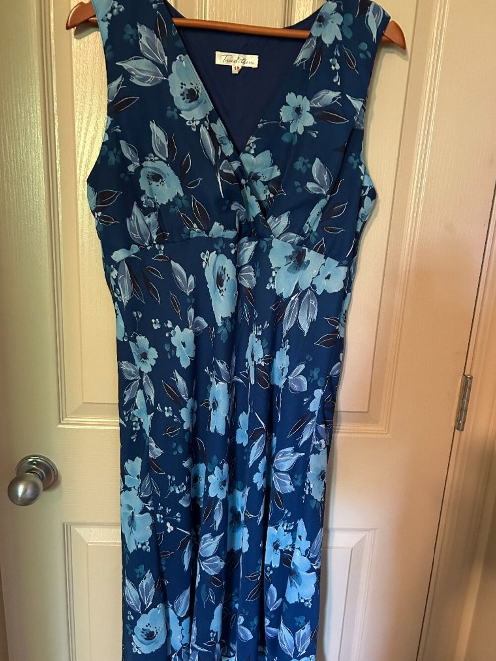 Ladies Tradition dress, navy blue with pale blue flowers